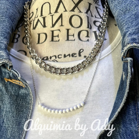 Silver statement Cuban Chain /howlite balanced bar necklaces - Picture 1 of 11